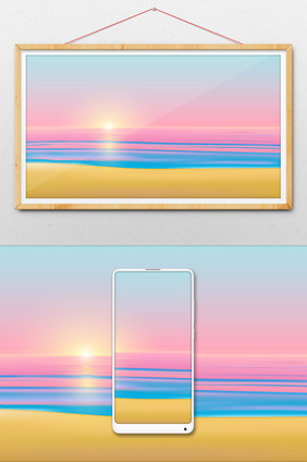 唯美小清新夕阳下的沙滩海浪背景插画