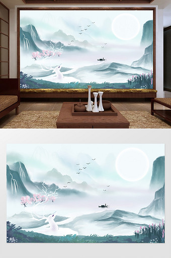 新中式手绘山水鹿电视背景墙图片