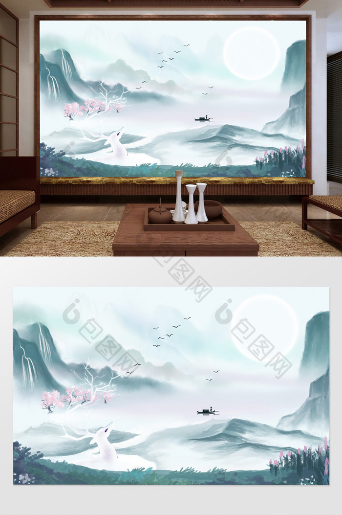 新中式手绘山水鹿电视背景墙
