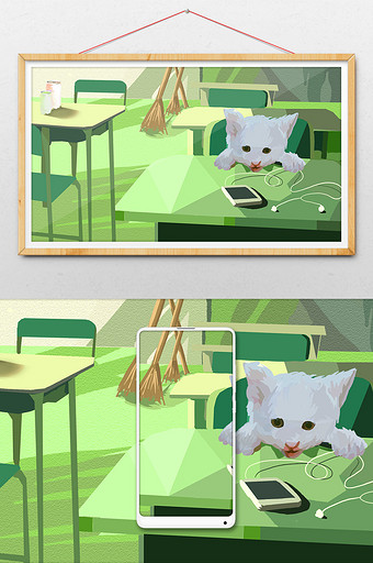 唯美清新夏日暑假猫咪教室课桌音乐插画图片