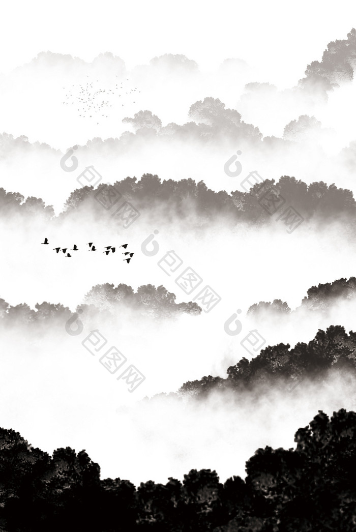 迷雾意境小鸟山水装饰画