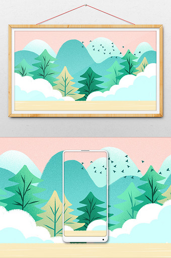 小清新粉色风景树木插画背景图片