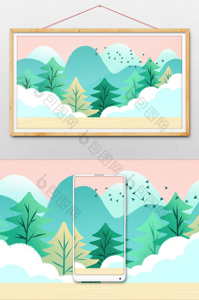 手绘山林粉色插画背景手绘风景背景图片