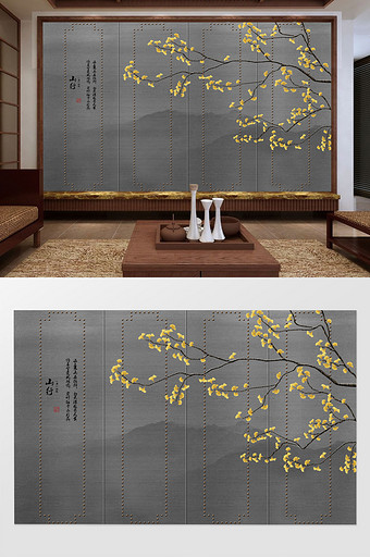 银杏手绘工笔花鸟新中式电视背景墙图片