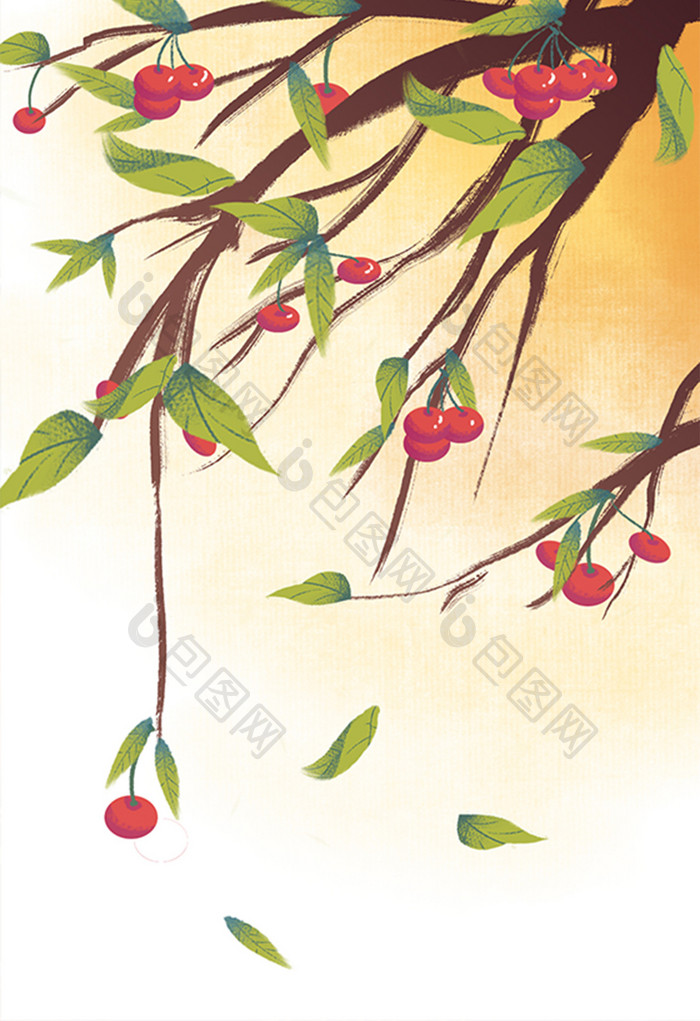 黄色中国风樱桃树背景插画