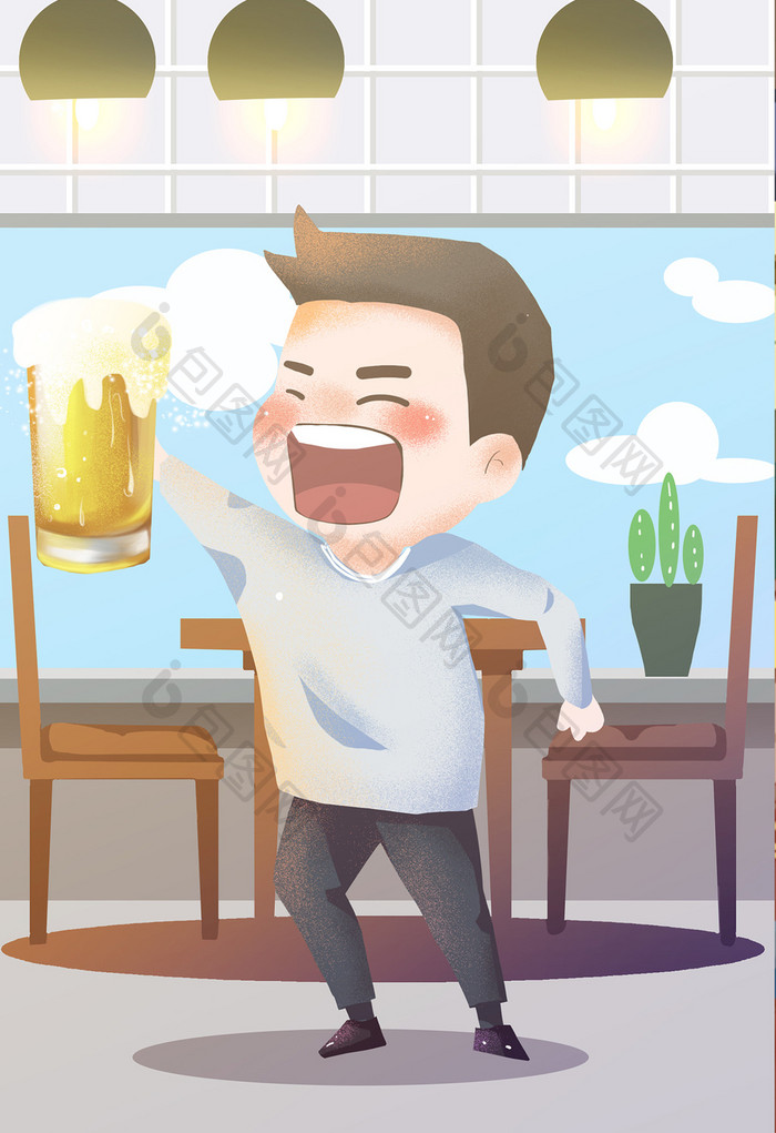 男人喝啤酒插画干杯免费下载