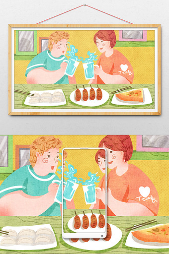 卡通可爱情侣喝啤酒吃美食插画图片