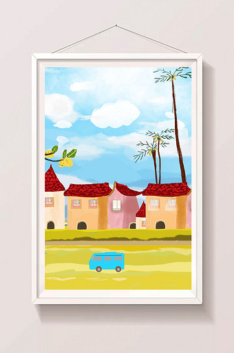 唯美小清新夏日郊外的房子椰子树小车图片