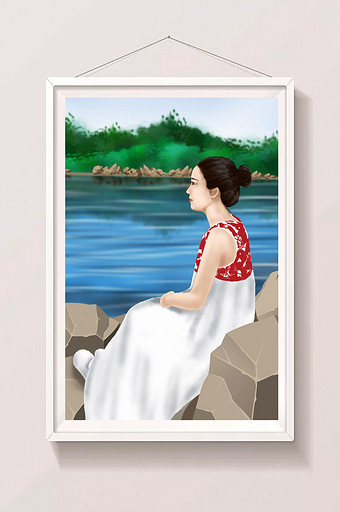 唯美夏季湖畔美少女斜坐岩石休息小清新插画图片