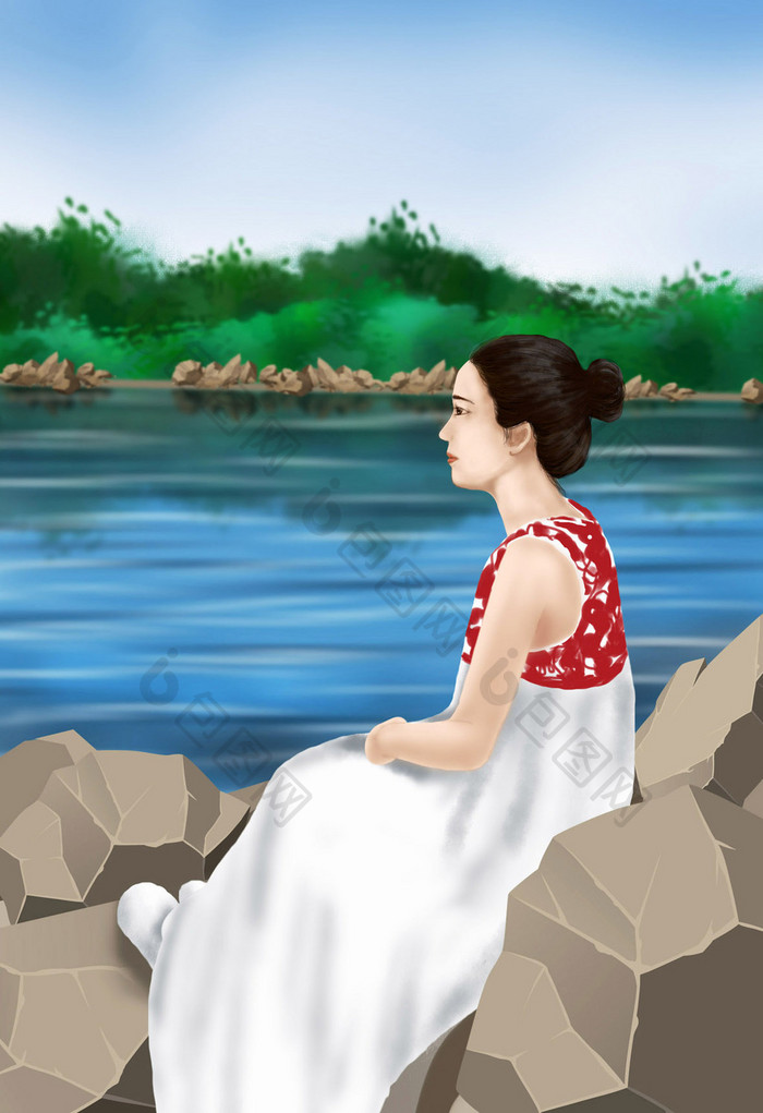 唯美夏季湖畔美少女斜坐岩石休息小清新插画