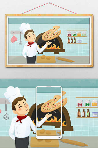 卡通西餐厅厨师做披萨插画图片