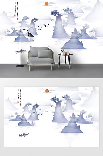 新中式意境抽象水墨山水客厅电视背景墙壁画图片