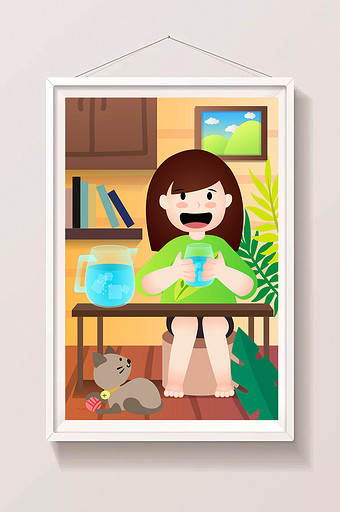 卡通暑期暑假夏天女孩室内休息冰水插画图片