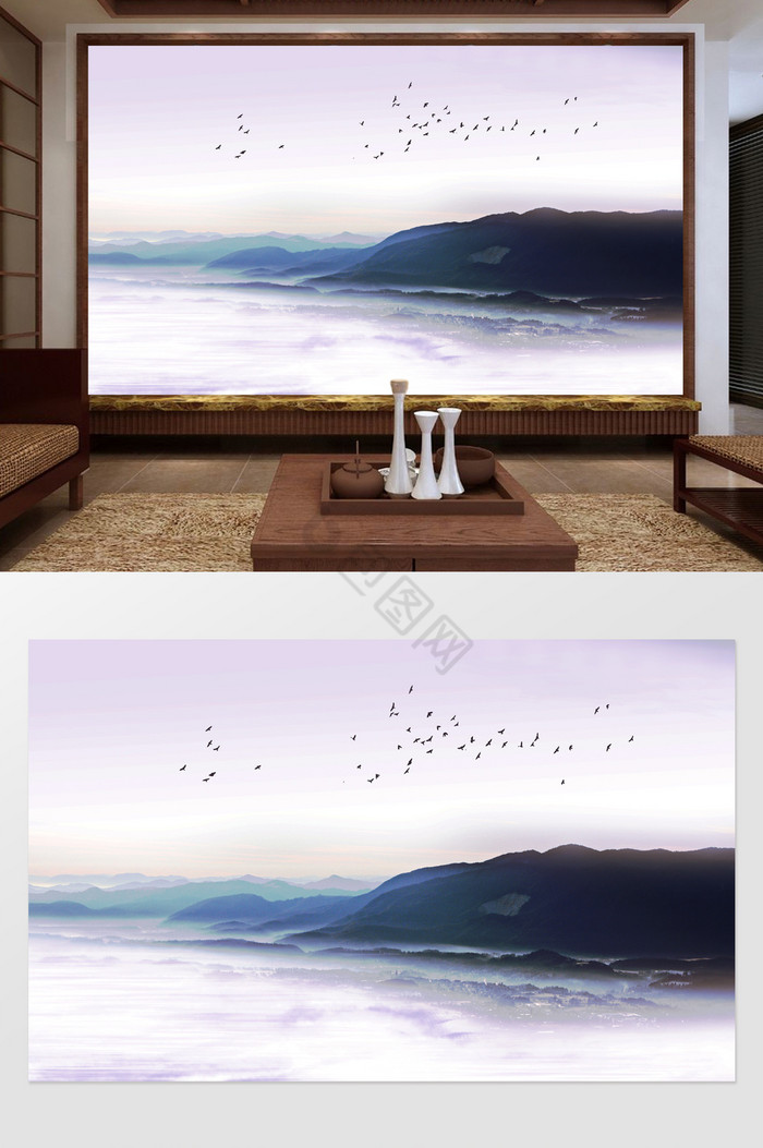 新中式写意山水画背景墙定制图片