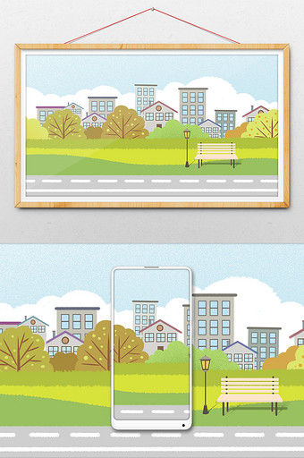 清新宁静街道公园手绘背景图片