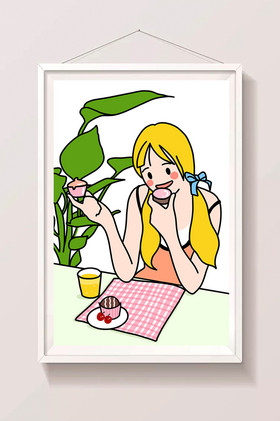 描边风吃蛋糕女孩插画图片
