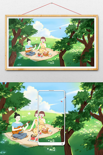 翠绿色小清新夏日闺蜜草地野餐场景插画图片