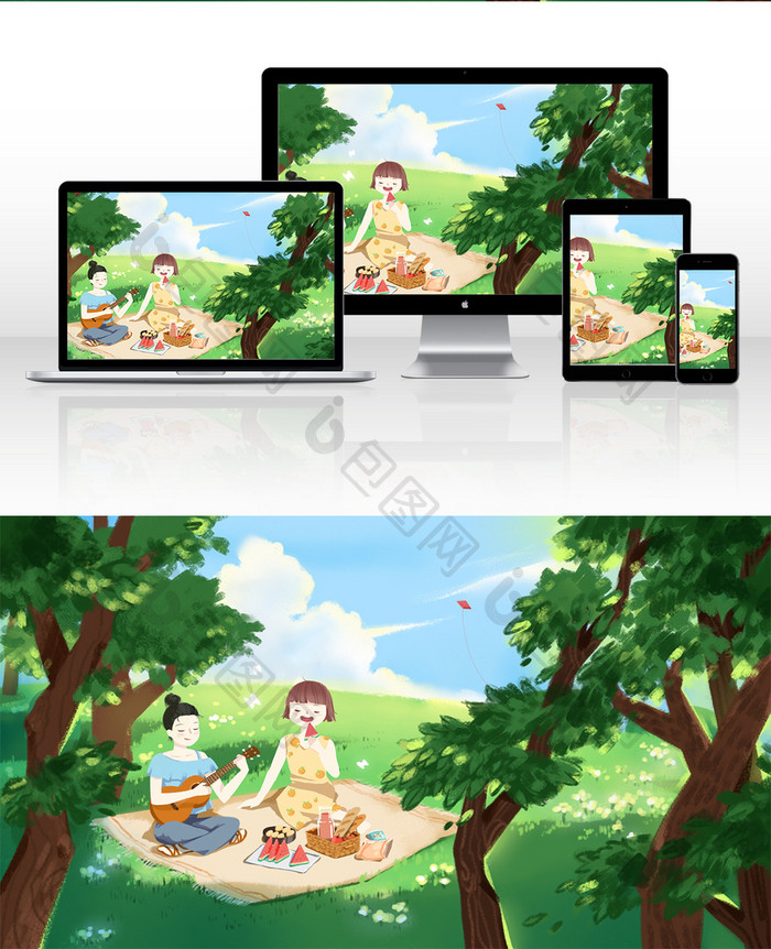 翠绿色小清新夏日闺蜜草地野餐场景插画