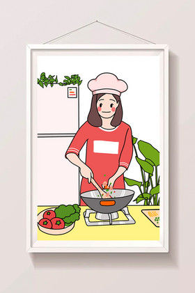 描边风厨师女孩做饭插画图片