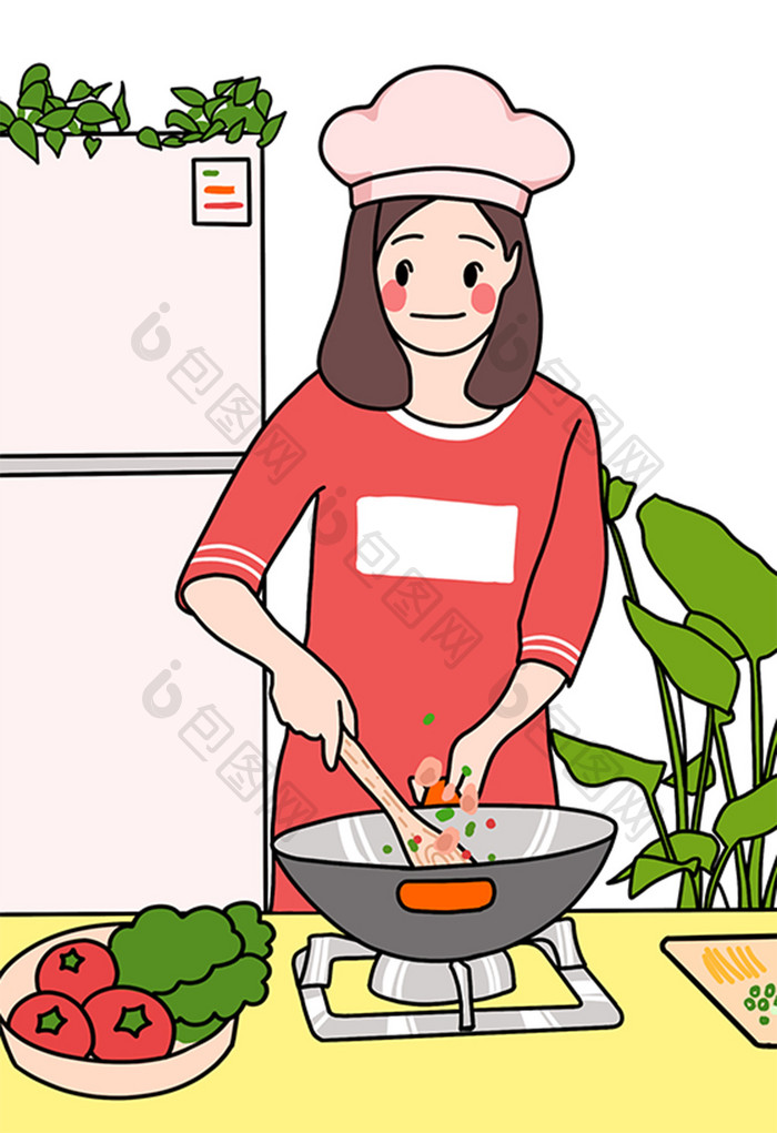 描边风厨师女孩做饭插画