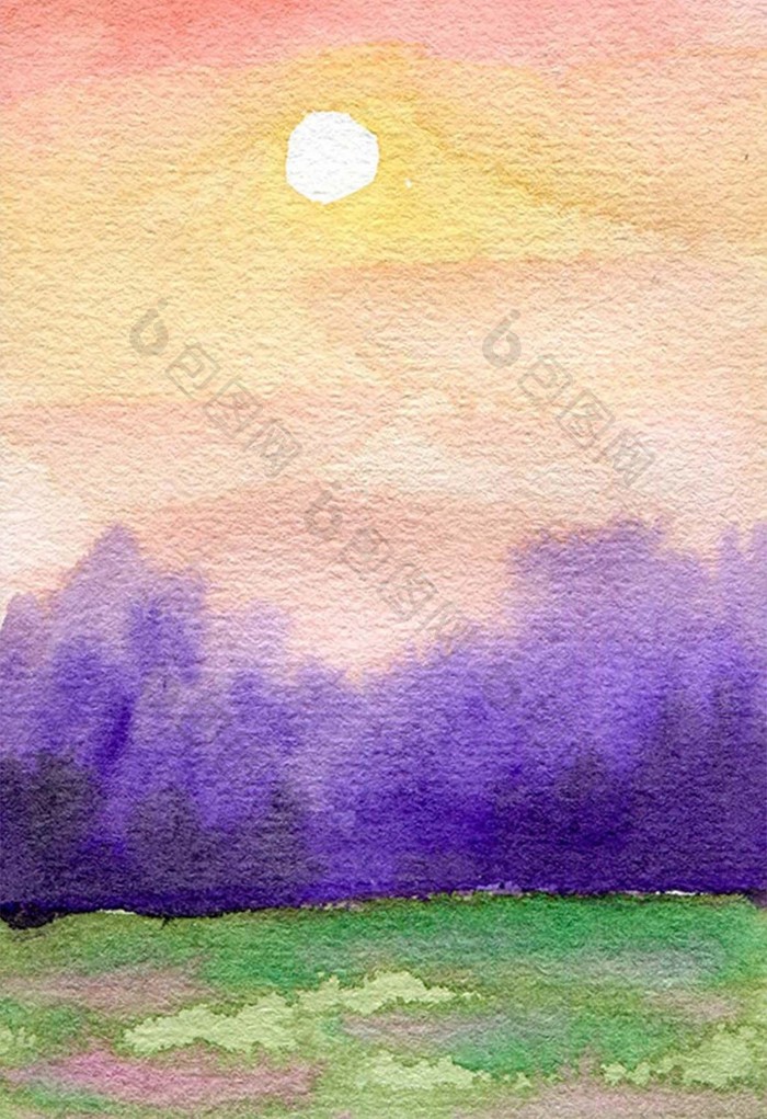 紫色夏日素材手绘背景风景清新水彩