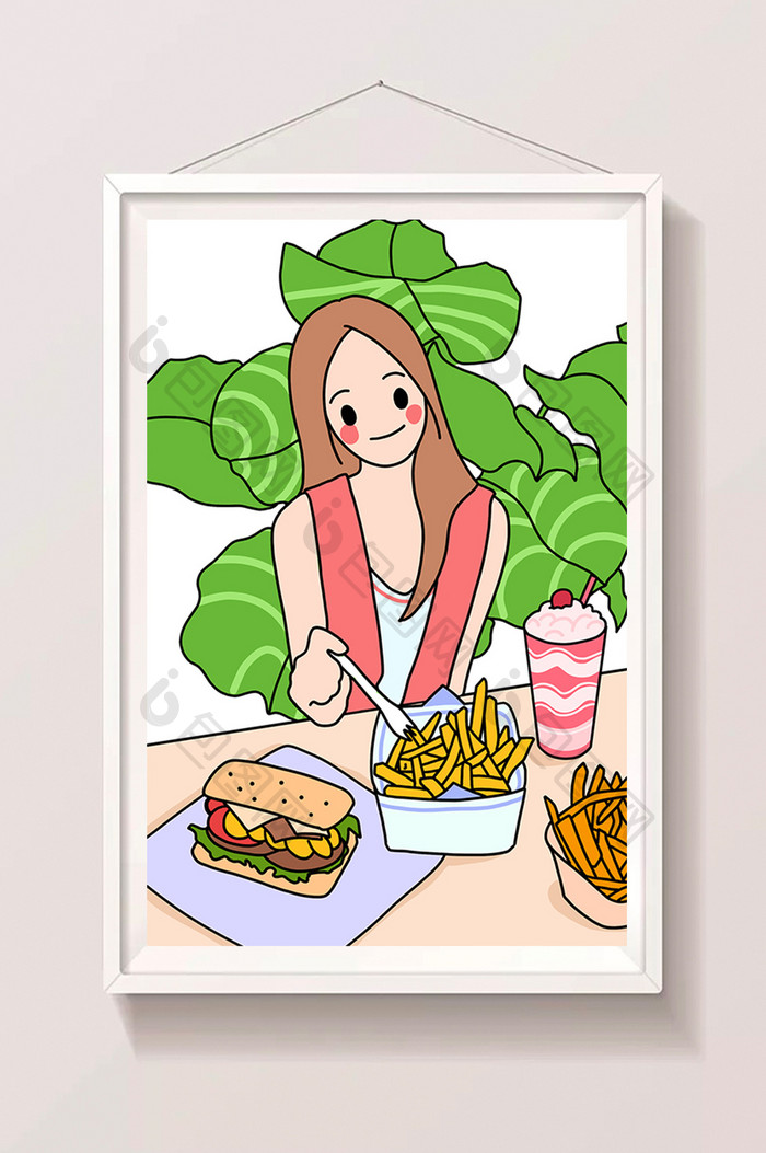 描边风薯条汉堡女孩美食插画