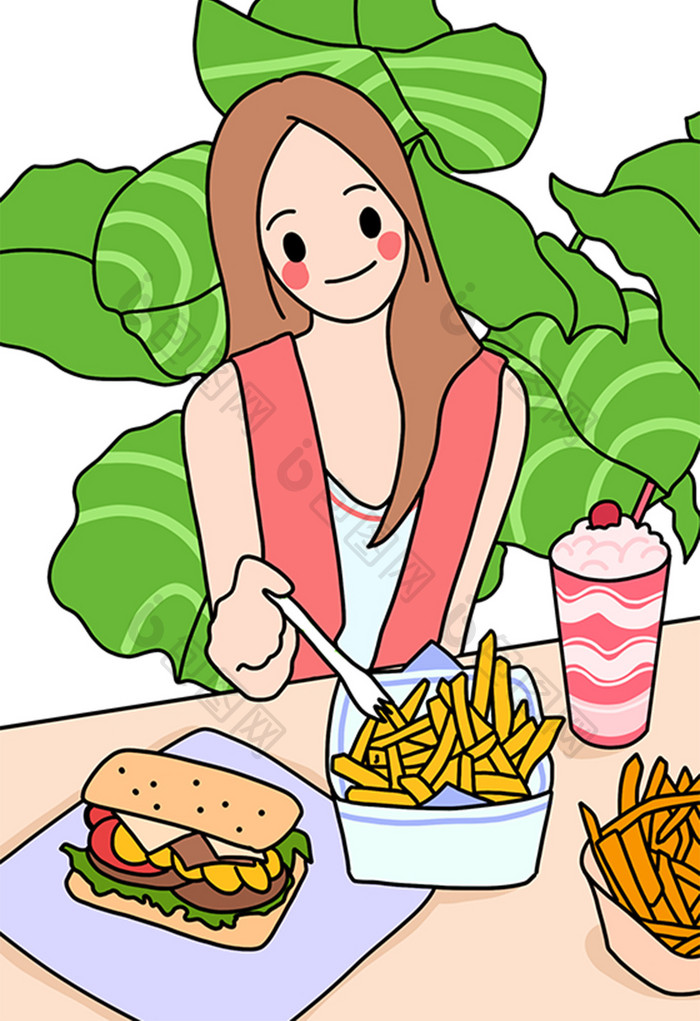 描边风薯条汉堡女孩美食插画