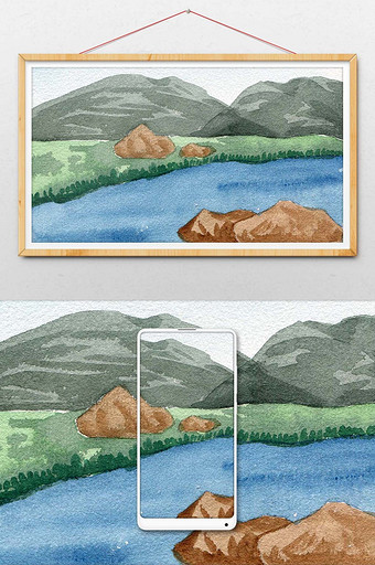河沟蓝色夏日素材手绘背景风景清新水彩图片