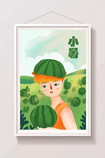 小清新绿色小暑西瓜地插画图片