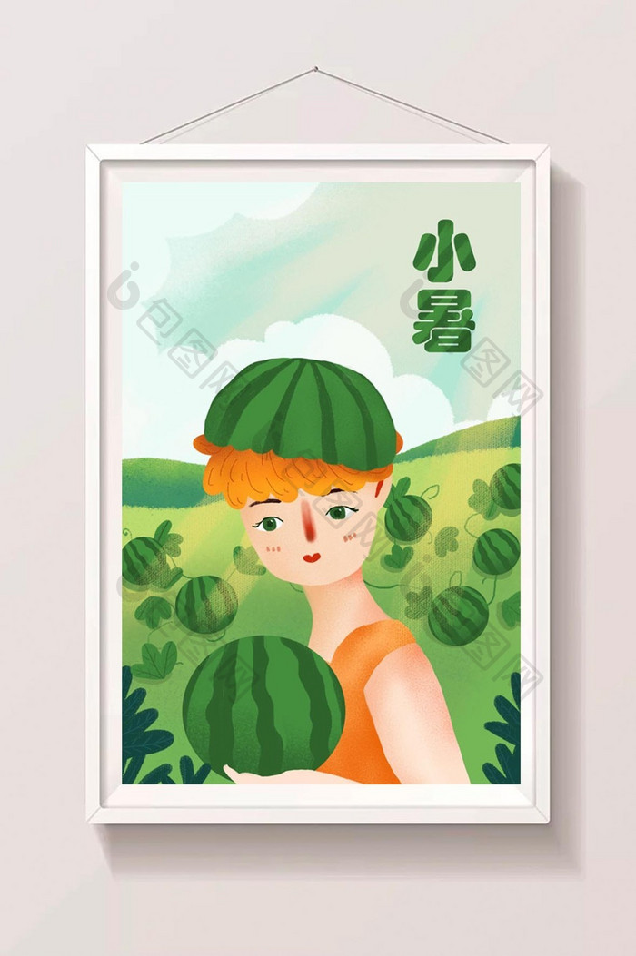 小清新绿色小暑西瓜地插画