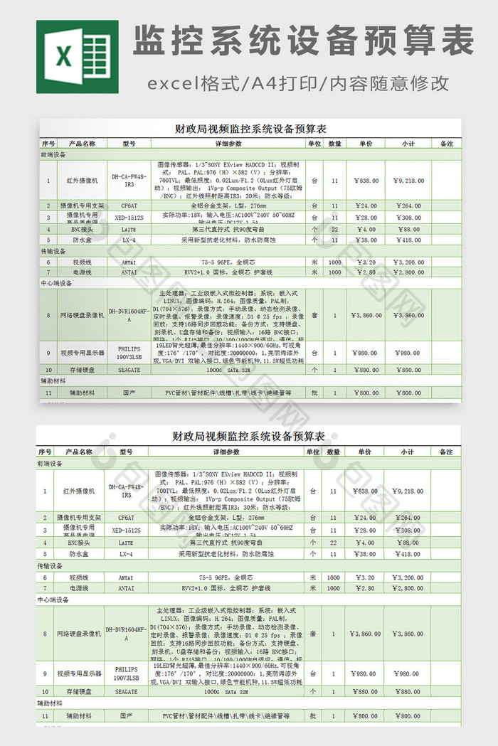 监控系统设备预算表excel模板