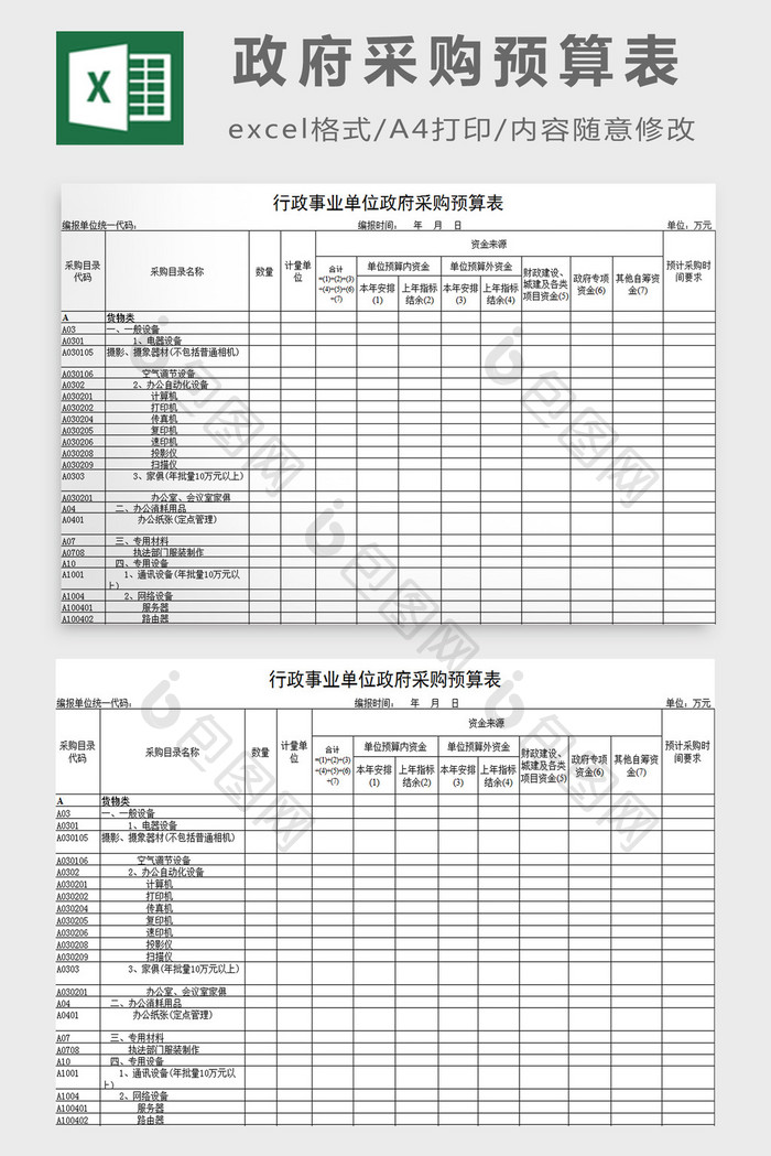 政府采购预算表excel模板