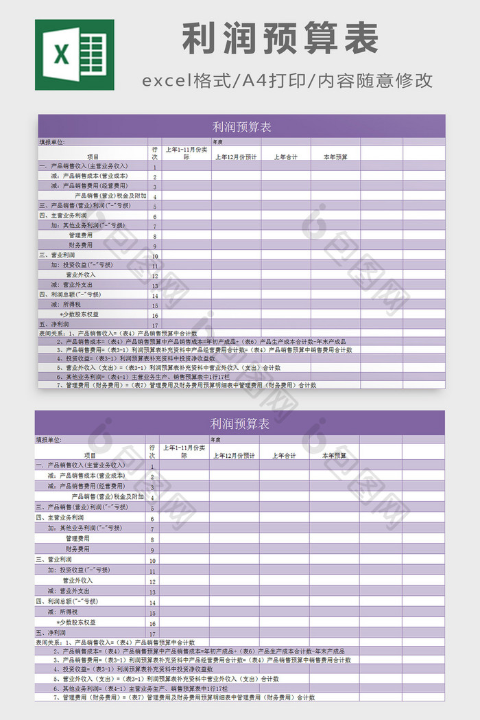 利润预算表excel模板