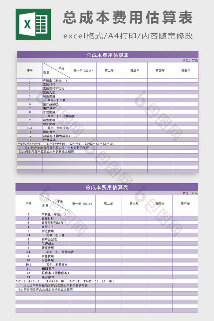 总成本费用估算表excel模板