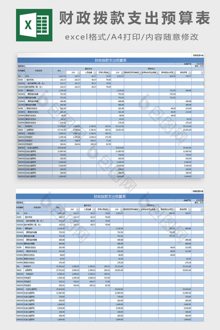 财政拨款支出预算表excel模板