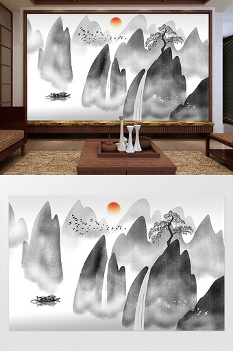 新中式水墨山峰山水画背景墙图片