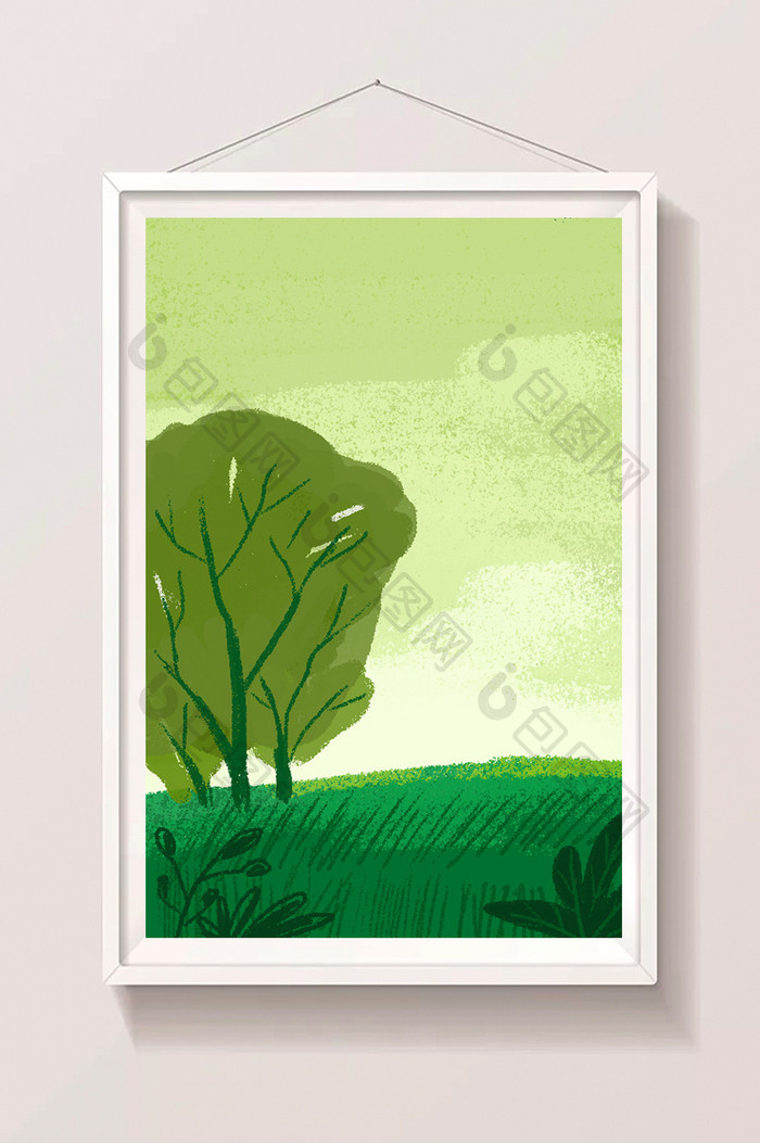 手绘小清新绿色调草地树木背景