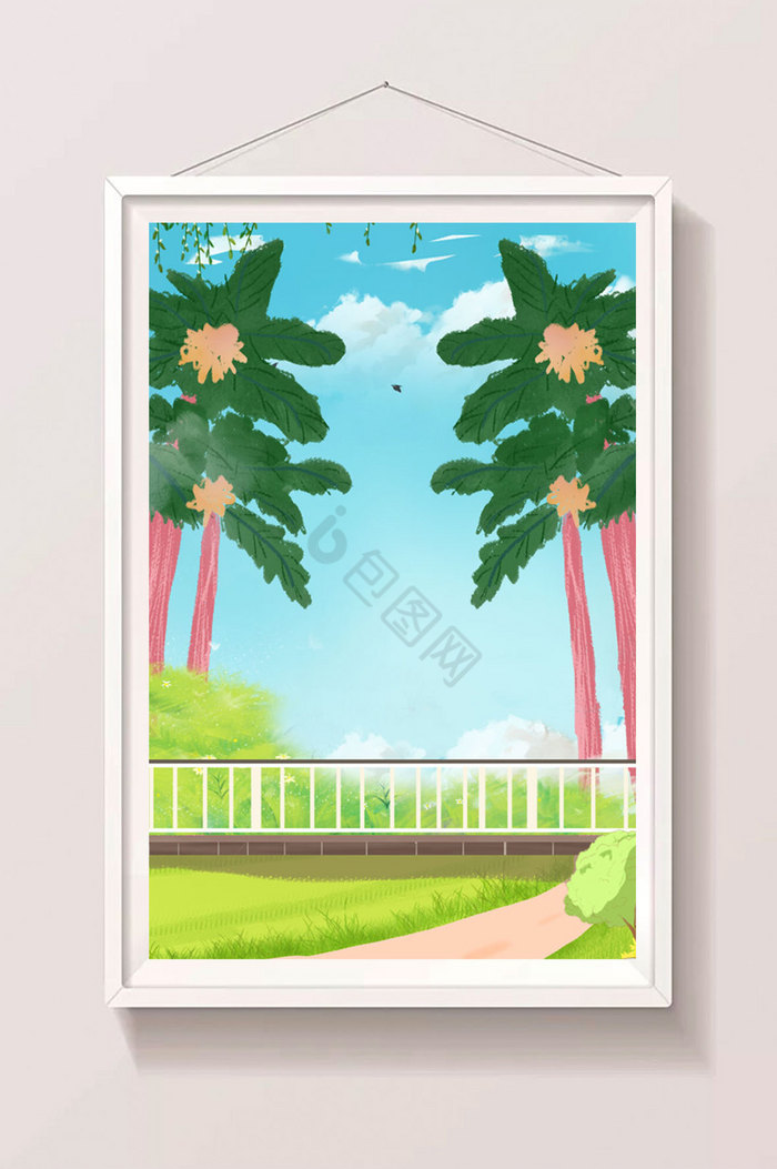 夏日蓝天白云下的椰子树草地栅栏图片