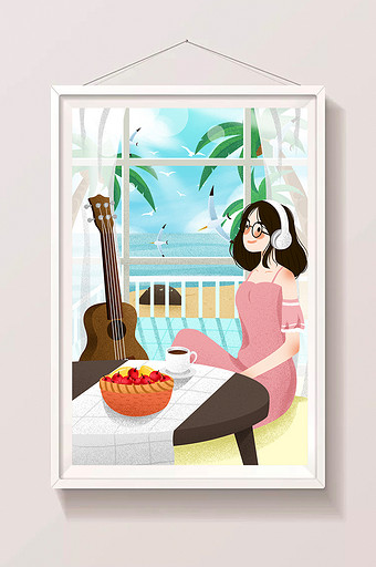 清新休闲假期暑期插画听音乐的女孩生活插画图片