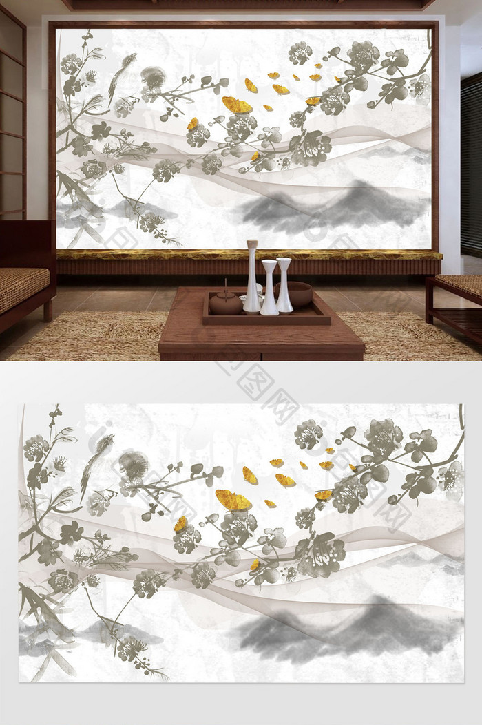 新中式现代金色水墨蝴蝶花鸟电视背景墙