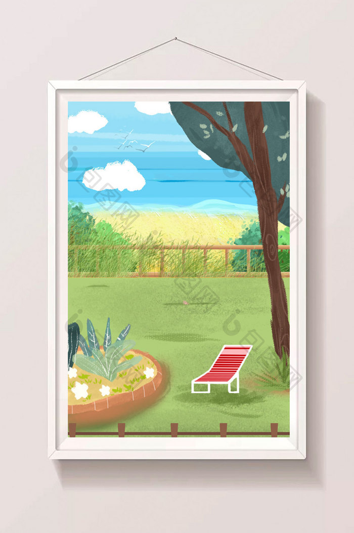 唯美小清新夏日树下凉椅花坛草地蓝天田地 图片下载 包图网