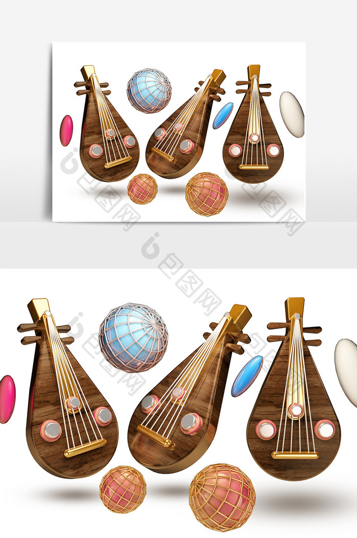 C4D原创中国风元素立体琵琶乐器元素