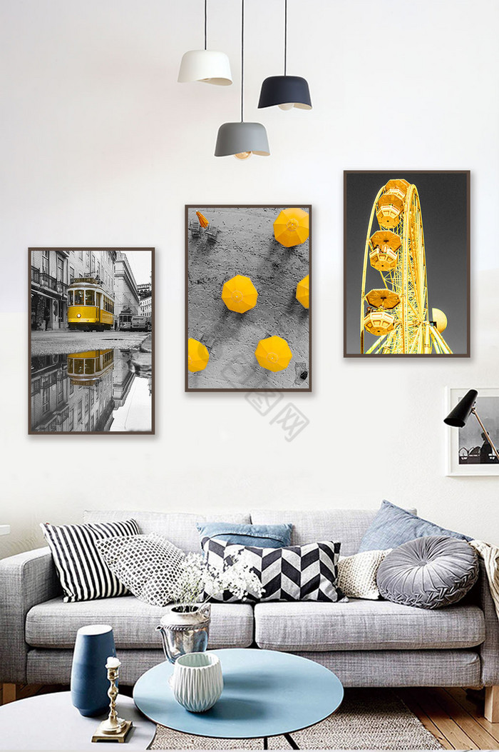 现代简约北欧黑白黄色风景电车雨伞装饰画图片