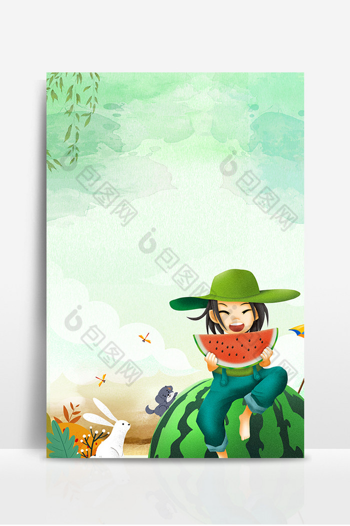 自然清新夏日吃西瓜可爱的小女孩广告设计背景图图片
