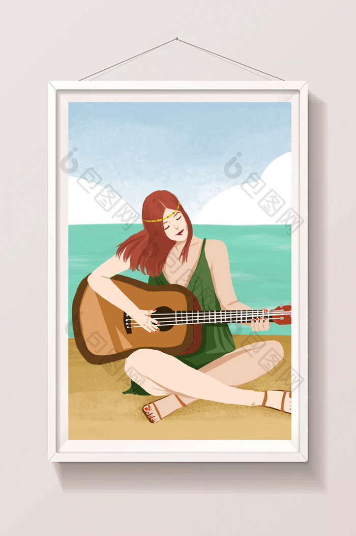 暑假生活海边弹吉他的少女