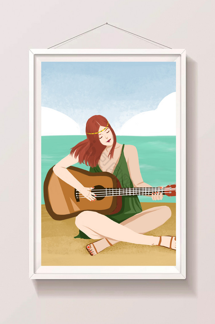暑假生活海边弹吉他的少女图片