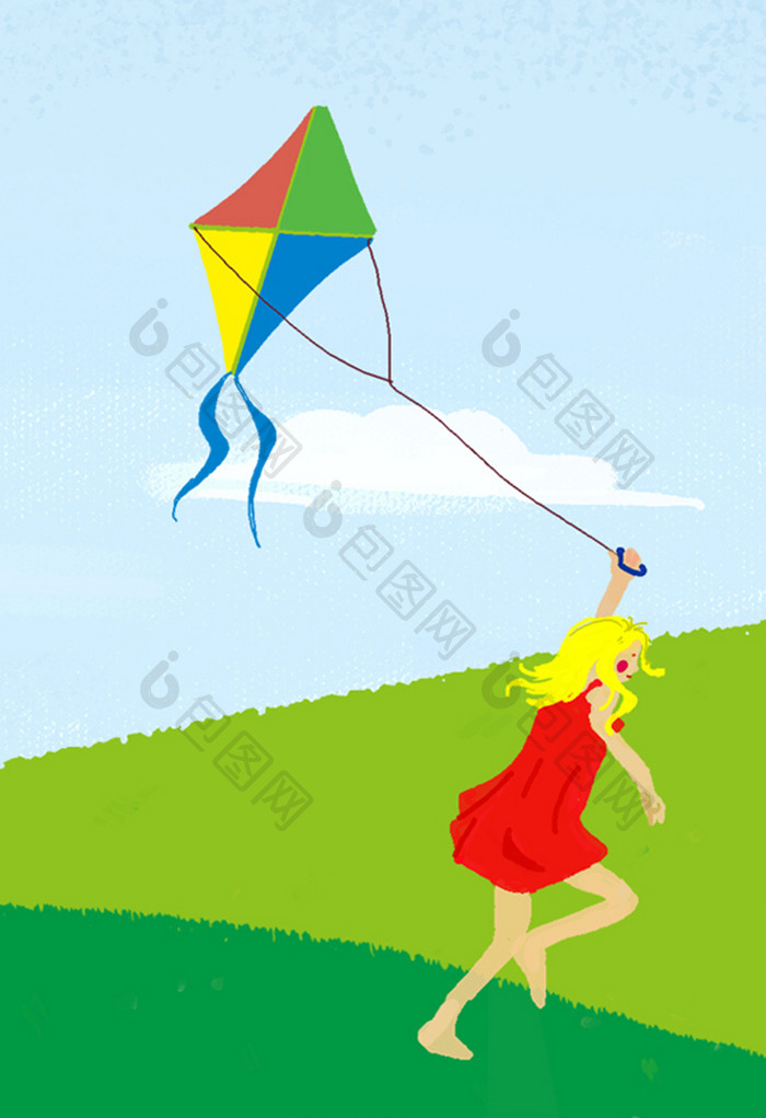 手绘小清新放风筝的女孩