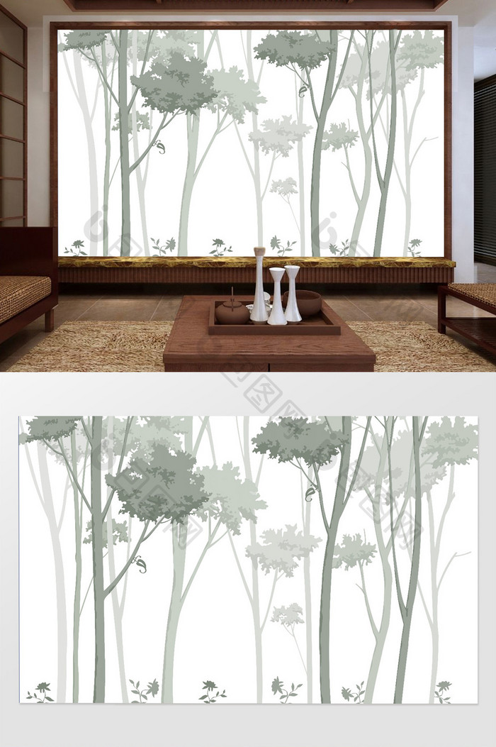 中式手绘浪漫剪影树林电视机背景墙
