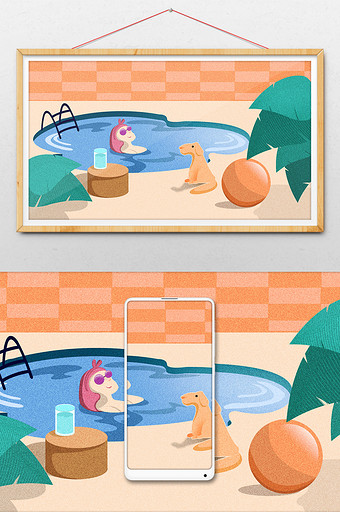 彩色清新室内泳池夏季插画图片