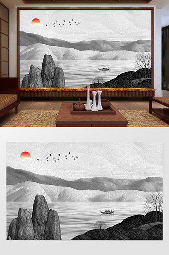 新中式水墨画山水风光背景墙图片